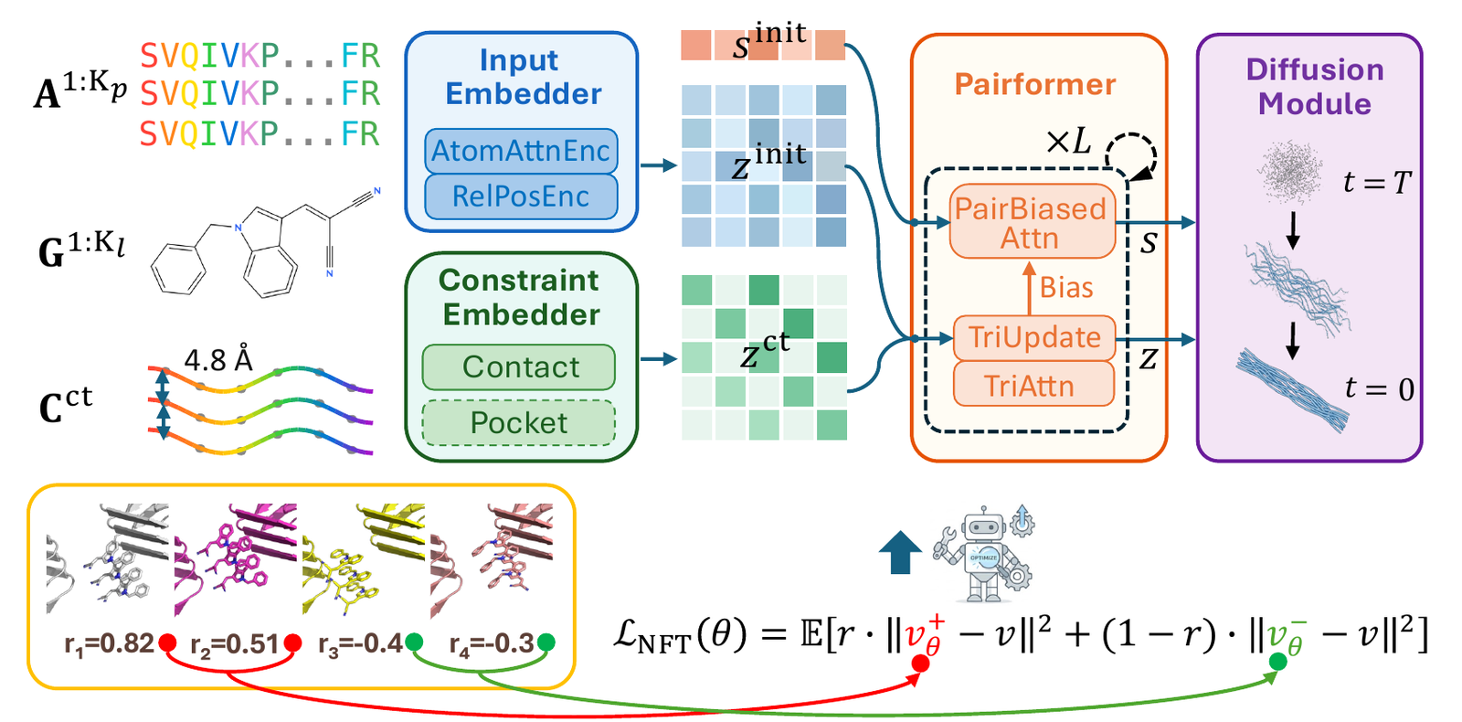CORAL architecture: Pairformer-Diffusion with fibril-periodicity priors.